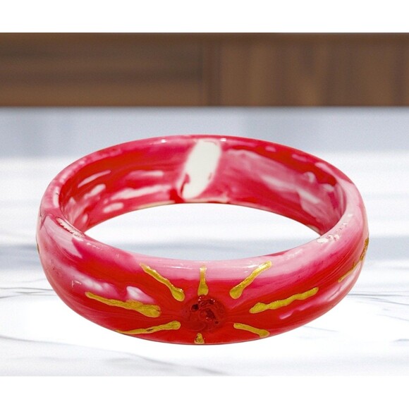 Pink Swirl Resin Bangle Bracelet Gold Hand Painted Sun Design Retro Boho Style - Picture 3 of 14